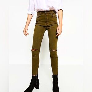 ZARA Olive Green Distressed Fringe Hem Premium Collection Jeans